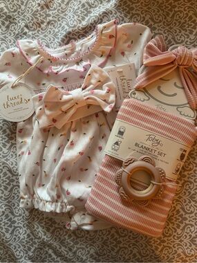 Luxe Threads Floral Bow Baby Romper with Pink Toby Blanket Set
